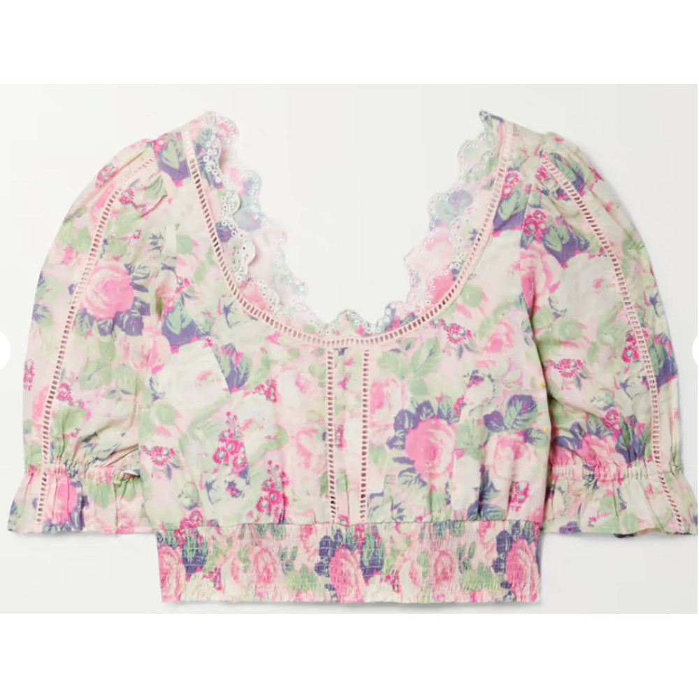 LoveShackFancy Karsten cropped crochet-trimmed floral-print cotton-voile top -L